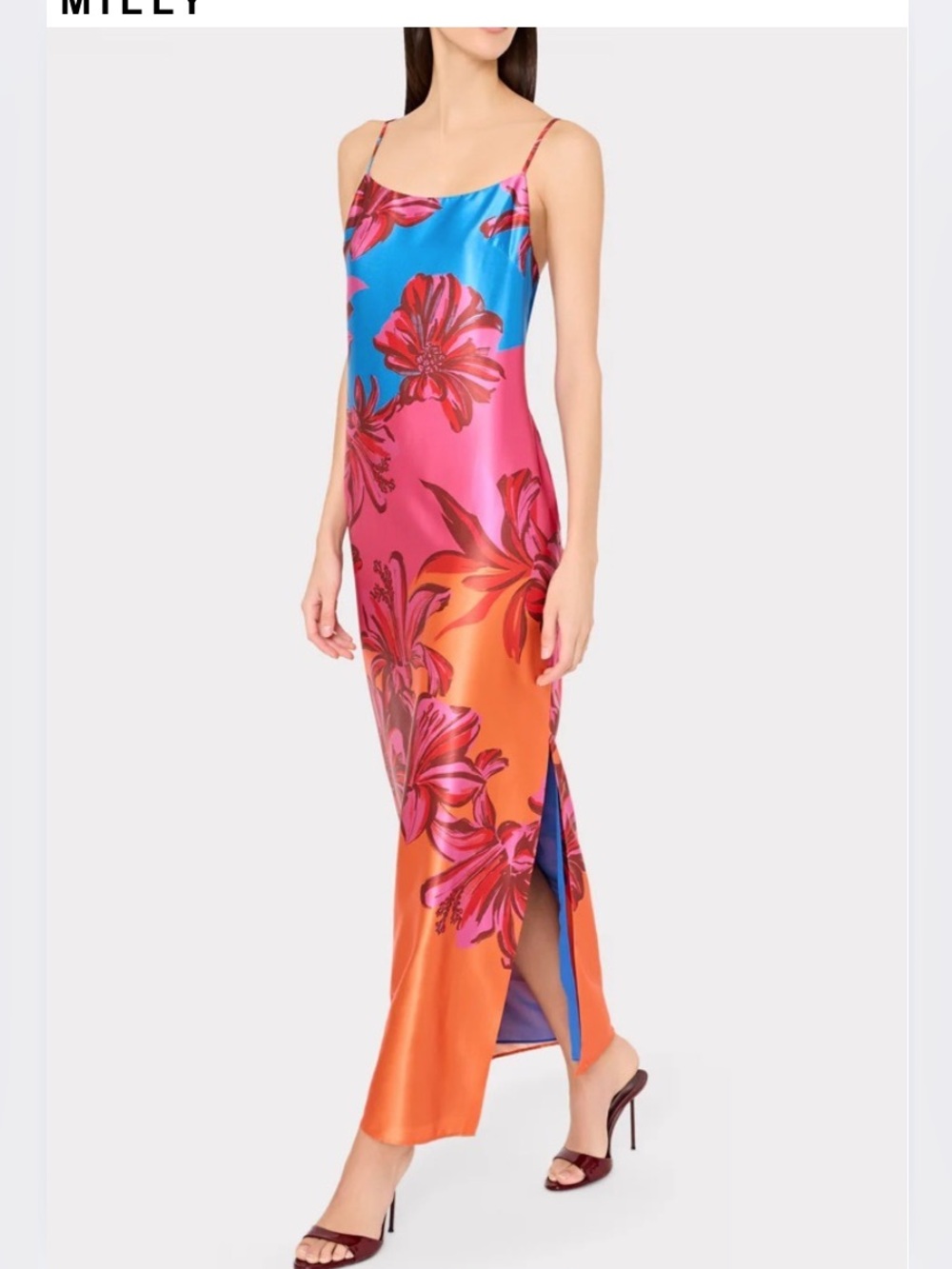 MILLY Lily Sunset Floral Satin Slip Maxi Dress